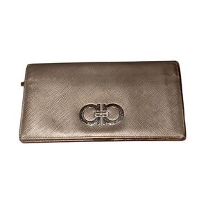 Salvatore Ferragamo Gancini Bifold Long Gray Leather Wallet with Silver Hardwear
